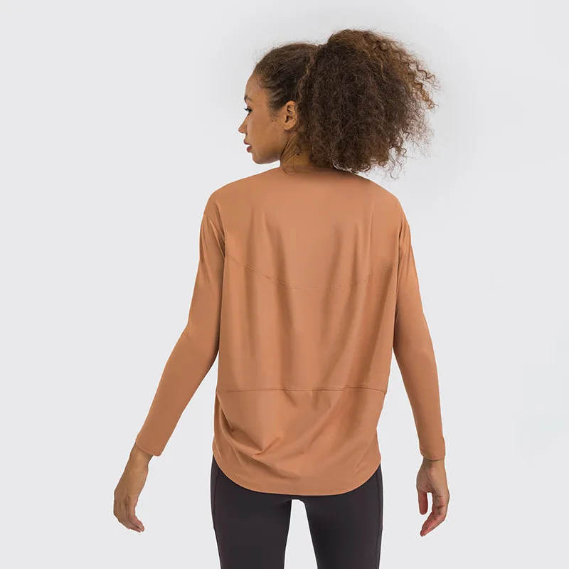 Lulu Fitness Women Long Sleeve Yoga Shirt Female Sport Yoga Top Slim Gym Clothing Solid Color Loose Casual Plus Size Breathable