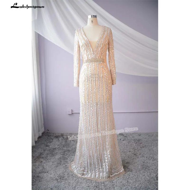 Lakshmigown Роскошные с блестящими кристаллами Русалка вечернее платье с длинным рукавом Сексуальная Иллюзия V шеи бисер длинное платье выпускного вечера Вечернее платье - Цвет: picture color