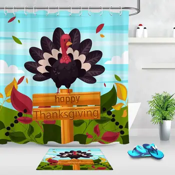 

Thanksgiving Teal Shower Curtain And Mat Cartoon Turkey Waterproof Polyester Fabric Decorative Bathroom Bath Curtains With Hooks