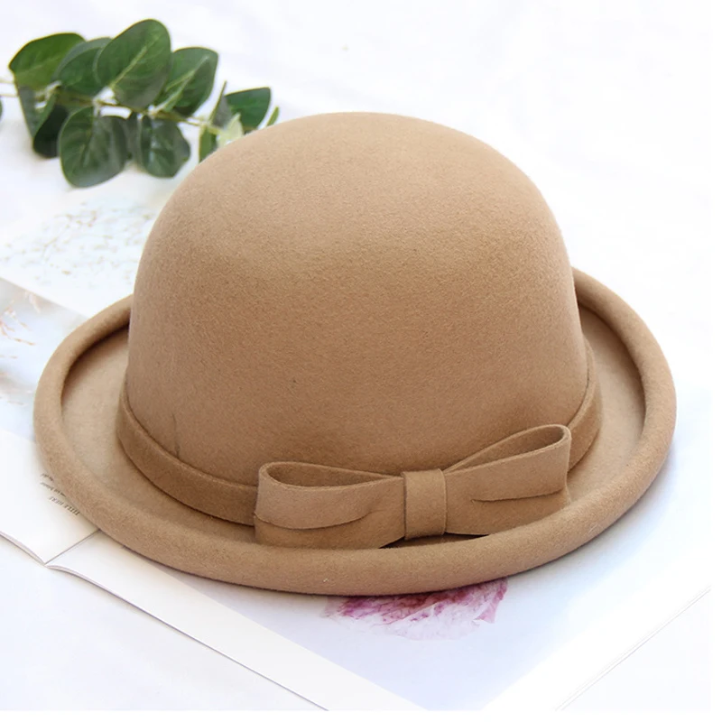 Camel FS винтажная Женская шерстяная фетровая шляпа-котелок, шляпа для дам, девушек, много цветов, бант, модная однотонная фетровая шерстяная шляпа - Цвет: Camel