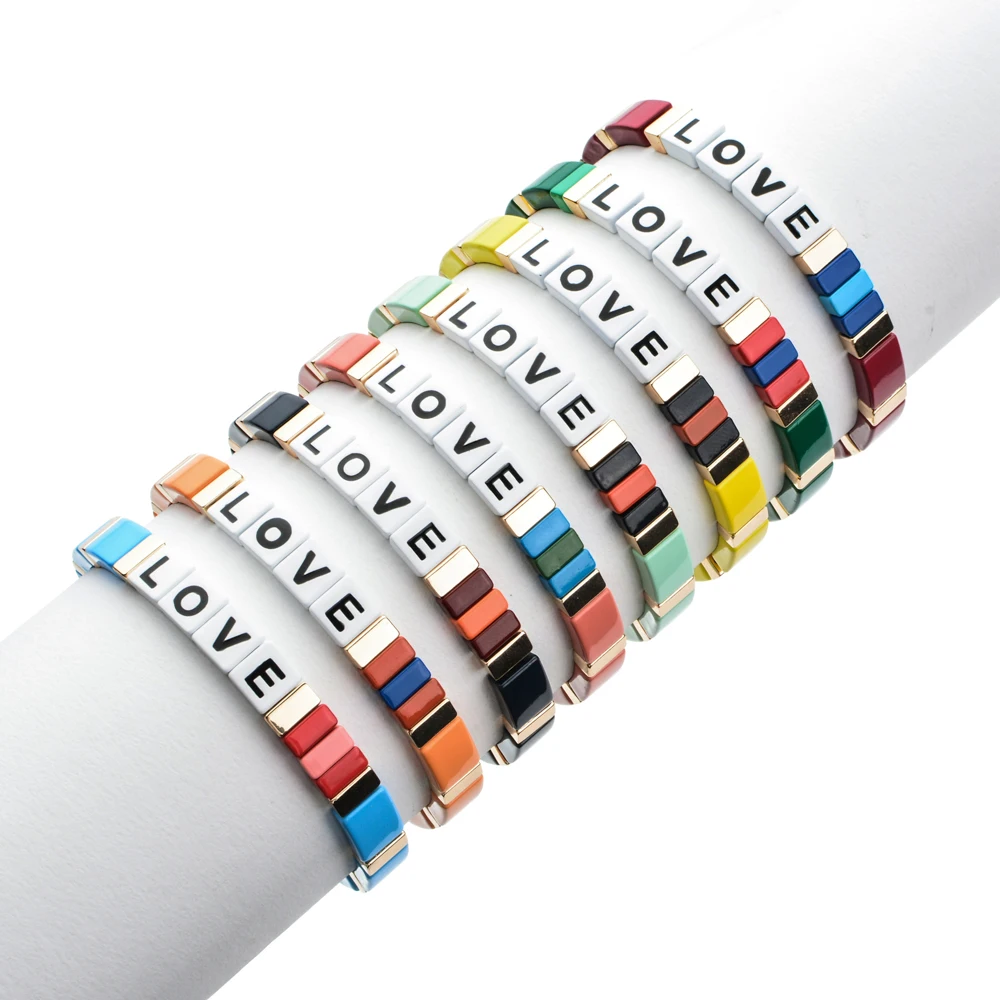 

ZMZY Boho Rainbow Love DIY Metal Charms Square Elastic Stretch Bracelet Women Girls Fashion Jewelry Gift