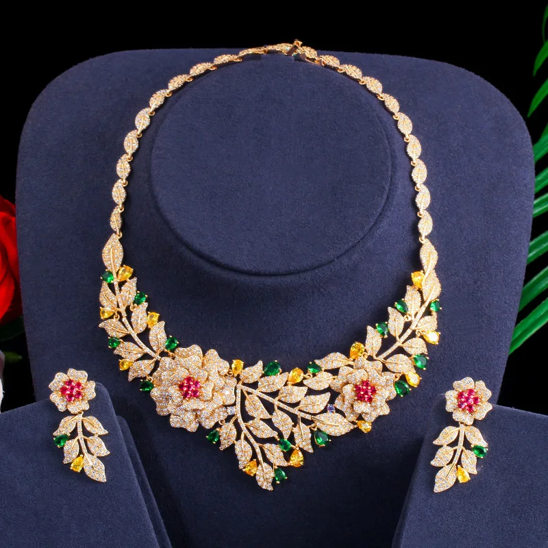 CWWZircons Высокое качество Африканский нигерийский кубический цирконий большой цветок розы Свадебное ожерелье серьги роскошный свадебный комплект ювелирных изделий T385