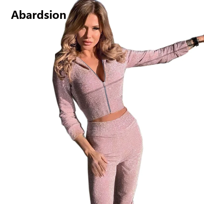 

Abardsion Women Autumn Winter Tracksuit 2019 Two Piece Set Pink Apricot Lurex Outfits Casual Hoody Sweatsuits Long Pants Suits