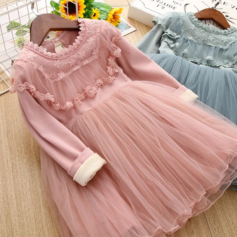 

Autumn And Winter New Style Korean-style Childrenswear Brushed And Thick Lace Spell Yarn Women's CHILDREN'S Dress