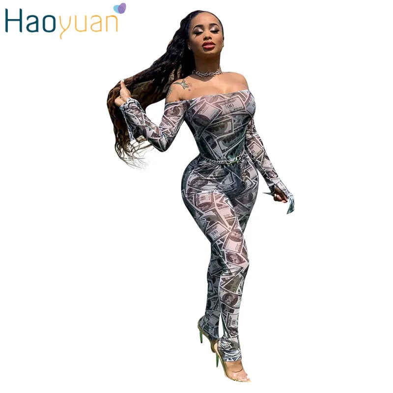 

HAOYUAN Sexy Dollar Print Jumpsuit Off Shoulder Long Sleeve Bodycon Rompers 2019 Fall New Party Clubwear Night Clothing Women