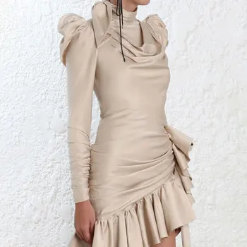 

2020 Hollow Out Asymmetrical Satin Dresses For Women Bowknot Puff Sleeve Ruffle Evening Party Dress Female Spring