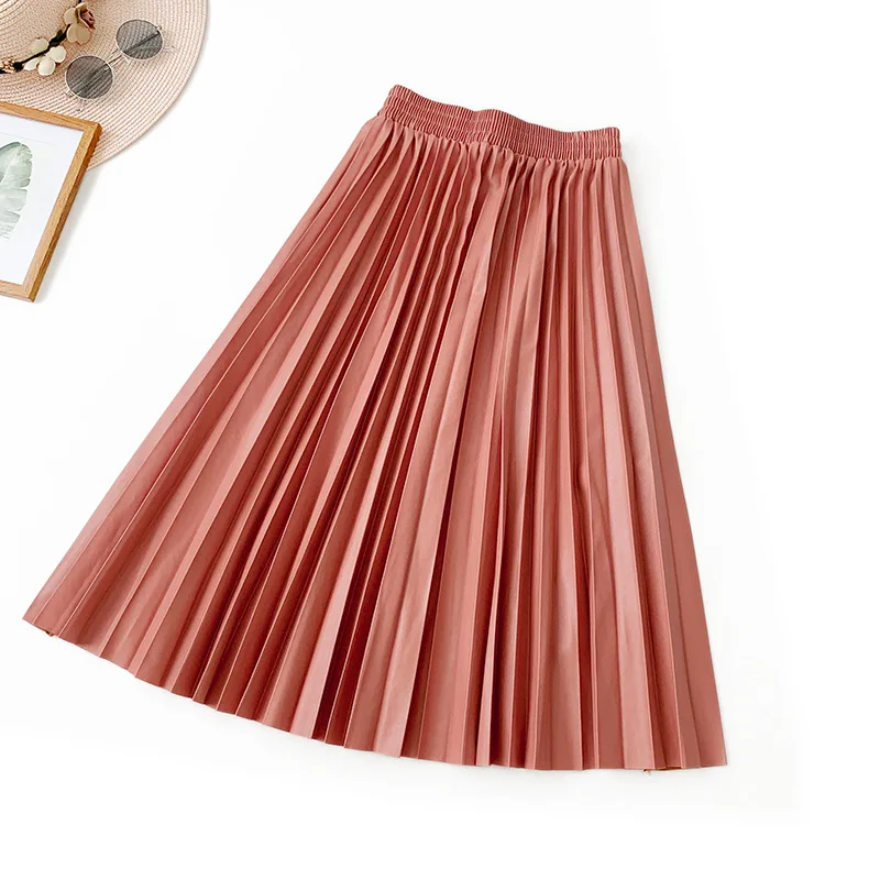 Винтажная однотонная зеленая, розовая, красная, синяя, желтая винтажная эластичная юбка миди с высокой талией, плиссированная юбка из искусственной кожи для женщин, юбки