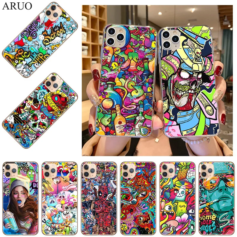 Phone Case For iPhone 13 12 11 Pro XS Max 7 8 6 6s Plus 13Mini SE2020 X XR Graffiti Sticker Art Soft TPU Silicone Cases Cover