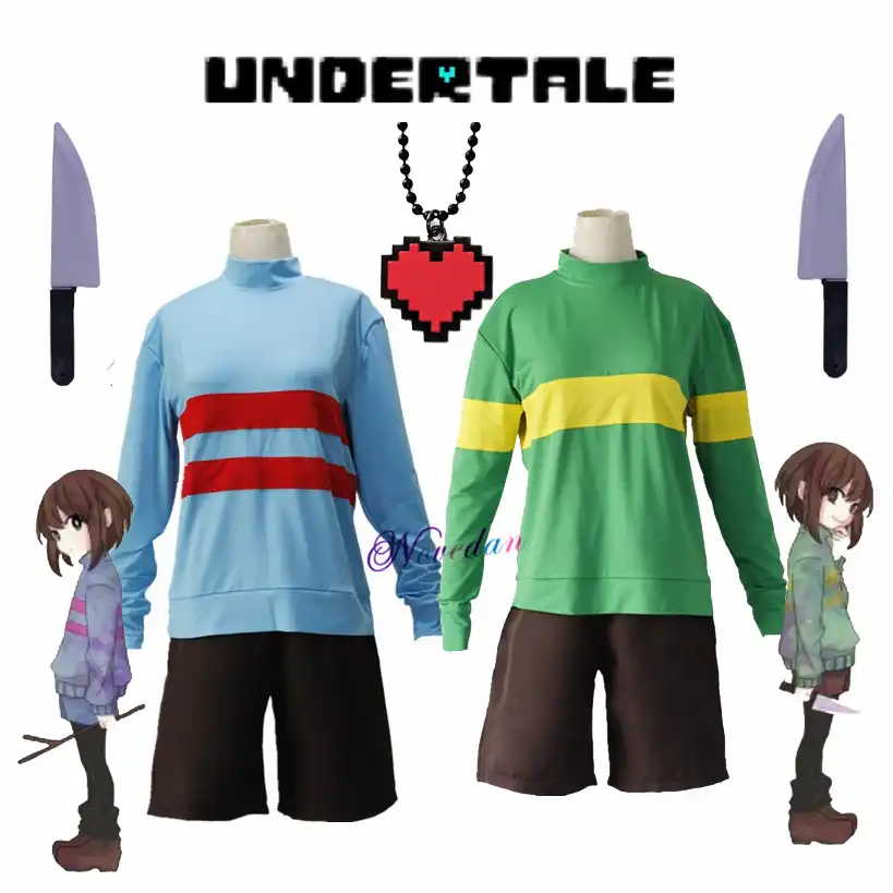 Disfraz De Frisk Chara Undertale Para Hombres Y Mujeres Conjunto De Ropa De Cuello Alto Sudadera Chaqueta Pantalones Cortos Cuchillo Collar Con Corazon Trajes De Juego Aliexpress