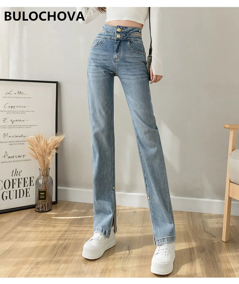 

BULOCHOVA 2021 New Women Jeans Full Length High Waist Straight Elasticity Jeans Casual Slim Cowboy Denim Split Long Pants Mujer