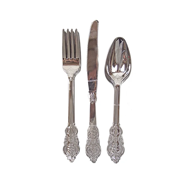 12pcs 4sets Disposable Colorful Plastic Cutlery Tableware Sets 4 Knives 4 Spoons 4 Forks Wedding Birthday Party  Dinnerware Eco Silver 12pcs