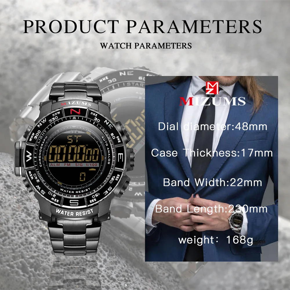MIZUMS, военные спортивные водонепроницаемые мужские часы, Relogio Masculino, Лидирующий бренд, роскошные часы, электронные, светодиодный, цифровые часы с хронографом