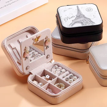 

Korean Style Jewelry Box Portable Leather Jewelry Box Earrings Storage Organizer With Zipper Mirror Travel Portable Display Case