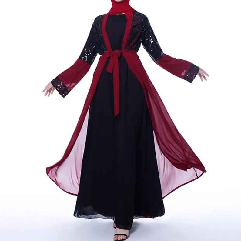 Открытый блесток Турецкая абайа кимоно мусульманское платье хиджаб мусульманская одежда Абая для женщин Оман Восточный халат из марокена кафтан молитвенная одежда - Цвет: Red cardigan