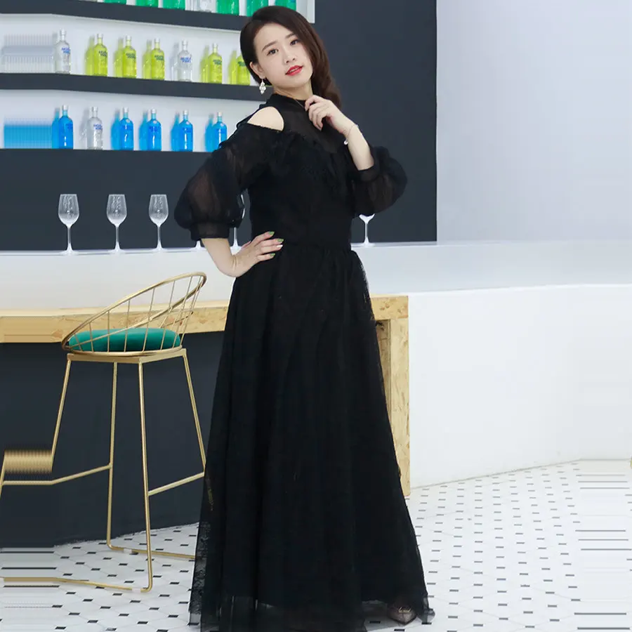 Это Yiiya торжественное платье черное в пол платье De Soiree DX034 размера плюс Кружева три четверти рукав платье женские Вечерние