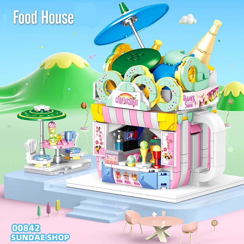 Mini Particles Assembled Street View Building Blocks DIY Sushi Restaurant Ice Cream Shop 3D Model Brick Children's Toys | Игрушки и