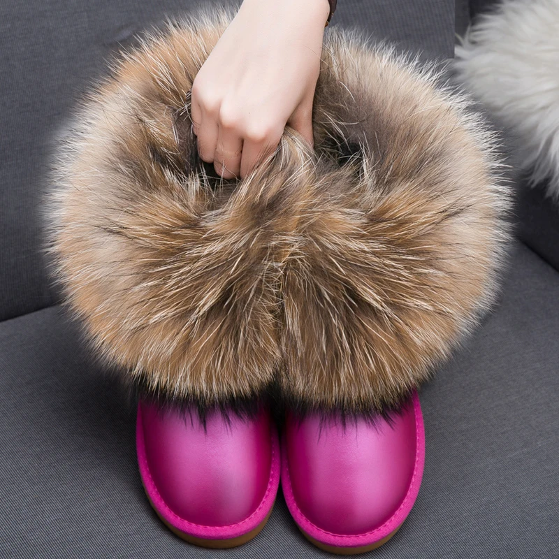 2019 New Winter Ladies Red Boots Leather Snow Real Fox Fur Women's Hair Warm Shoes Flat with | Обувь