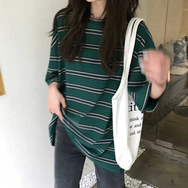 street wear Hit Color Stripes Women T-Shirt Short Sleeve O-Neck Female Purple T Shirt Casual Loose Tee Top