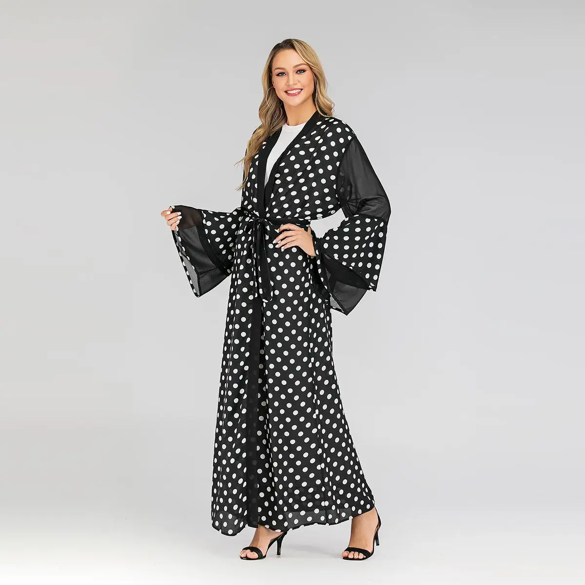 Мусульманское женское открытое кимоно abaya открытый кардиган в горошек Длинное Макси коктейльное платье для вечеринки с расклешенными