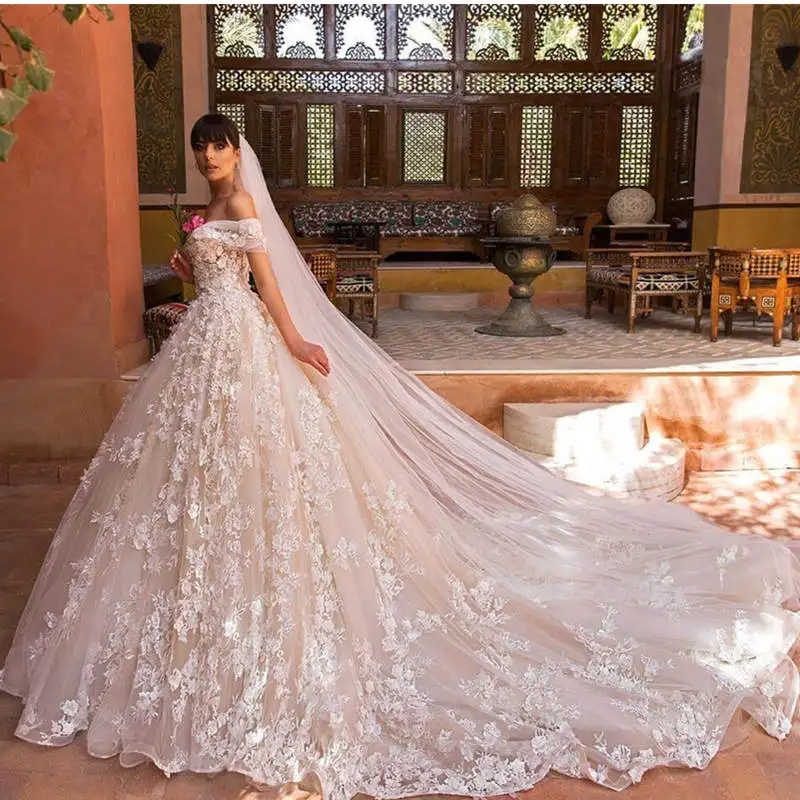 Robe De Mariee романтическое кружевное свадебное платье с вышивкой свадебное платье с открытыми плечами Часовня Поезд платье