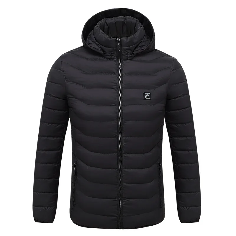 NEW Men Heated Jackets Outdoor Coat USB Electric Battery Long Sleeves Heating Hooded Jackets Warm Winter Thermal Clothing - Color: Black