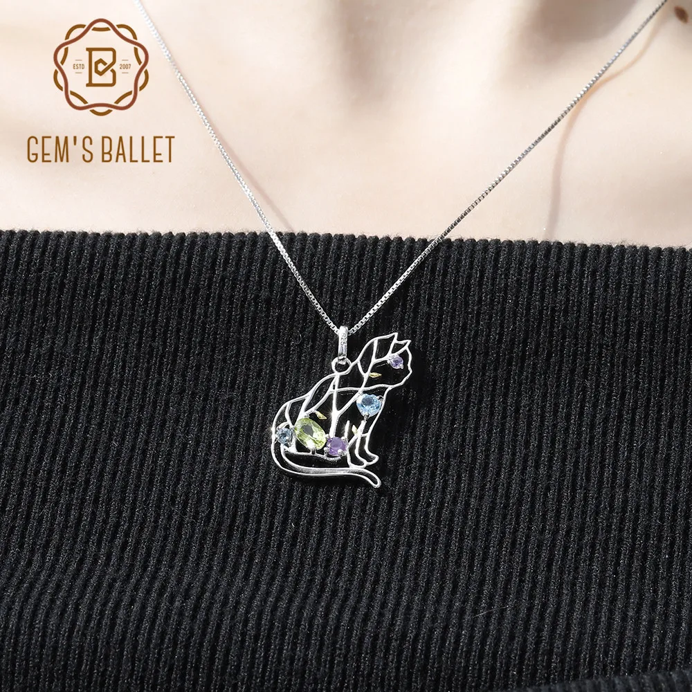 

GEM'S BALLET 925 Sterling Silver Handmade Color Cat Pendant Necklace Natural Peridot Amethyst Topaz Gemstone For Women Jewelry