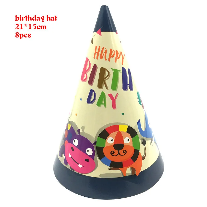 birthday hat Новая Вечеринка зоопарк украшения Дети одноразовые посуда бумажный стаканчик, тарелка Соломинки торт Топпер 1 день рождения ребенка душ вечерние принадлежности - Цвет: birthday hat