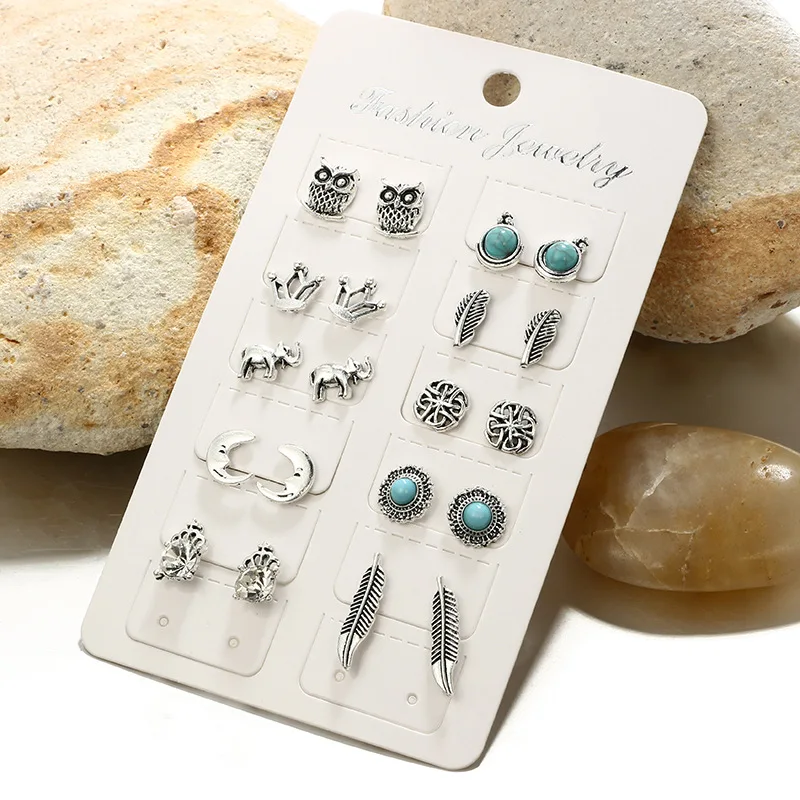 10Pairs/set Women Boho Silver Turquoise Earrings Set Jewelry Owl Crown Ear Stud