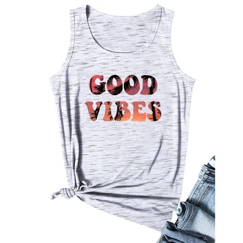 

Plant Print Summer Tank Top Festival Good Vibes Women Shirt Coconut Tree Beach Pattern Harajuku White Tops Letter Casual