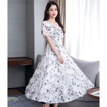 

Jaycosin Dress Women Casual V Neck Floral Print Short Sleeve V-neck Beach Mid-calf Dress Women Elegant Casual Summer Dresses