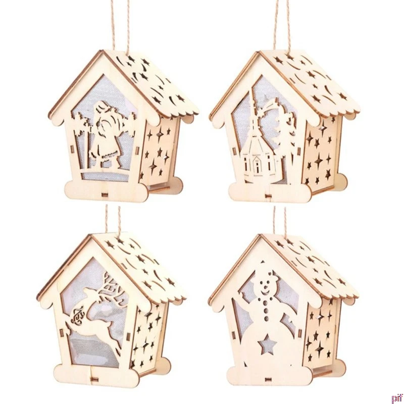 DIY DIY LED Light Wooden Hanging Ornaments for Christmas Holiday,Cute Wood House Christmas Tree Hanging Ornament Claus,Elk - Цвет: 8YY800334-B