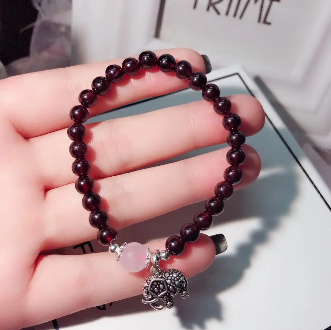 

100% Real 925 Sterling Silver Scalable Strand Bracelets Natural Garnet with Elephant Pendant Delicate Crystal Exquisite Jewelry