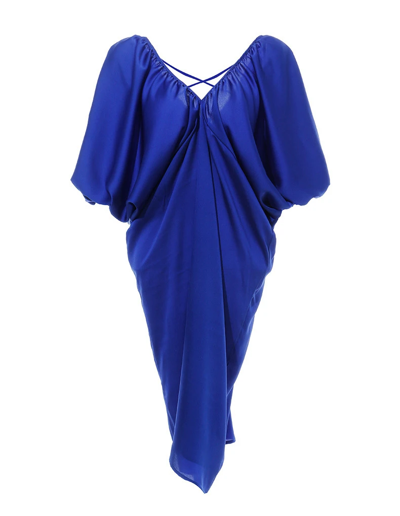 [EAM] женское плиссированное платье большого размера с v-образным вырезом и открытой спиной, новинка, свободный крой с рукавом-фонариком, модный стиль, весна-осень WH6840 - Цвет: jewelry blue