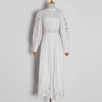 

HIGH QUALITY Newest Fashion 2020 Designer Runway Dress Women's Long Sleeve Hollow Out Cotton Embroidery Midi Dress