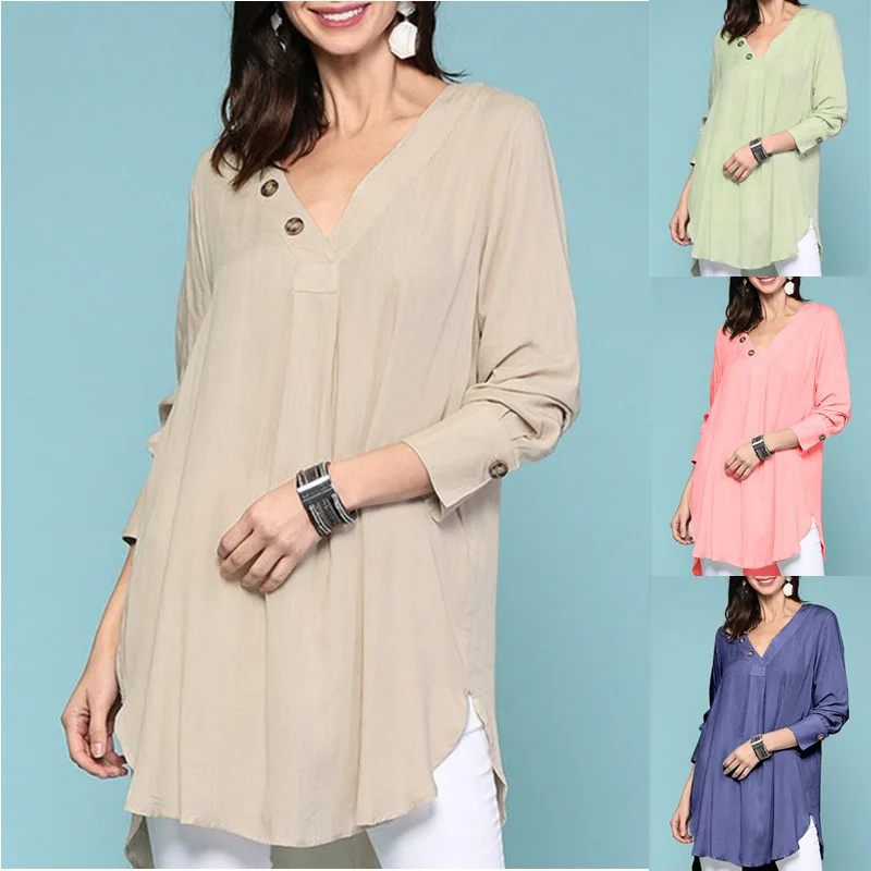 

Large size casual Women Blouses 2020 spring and summer women blouses V-neck button solid color long-sleeved Tops shirt