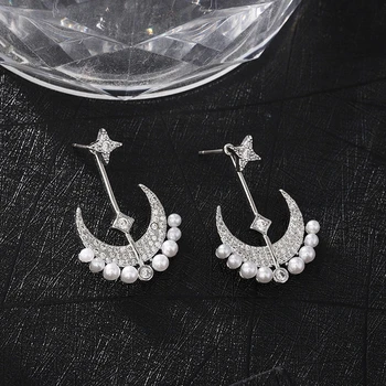 

Treny S925 Ear Simulated Pearl New Moon Star Dangle Earring Paved AAA Zircon Stone for Women Party Wedding Gift Jewelry