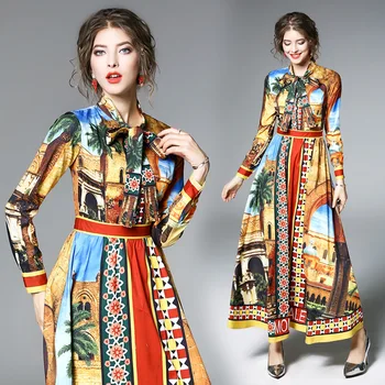 

Fashion Commuting High Waist Polyester Dress Lace Up Collar Hedging Long Sleeve Swing Print Dresses 2020 Spring Summer New