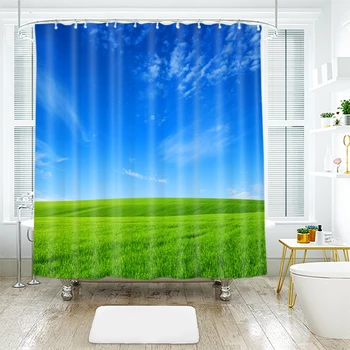 

3d Grassland Landscape Blue Sky and Wheat Field Shower Curtains Waterproof Thickened Bath Curtains for Bathroom Customizable