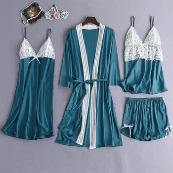 

Women 4 Pieces Pajamas Set Silk Satin Robe Lace Trim Bow Gown Dress Camisole Shorts Sleepwear Suit Plus Size 3XL