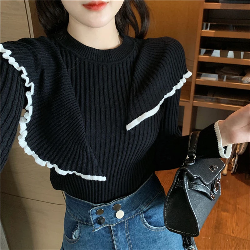 cardigan Korean Style Flounced Stitching Pullover Sweaters 2022 Spring OL Basic Bottoming Knit Sweater Slim Warm Thick Knitted Tops white sweater