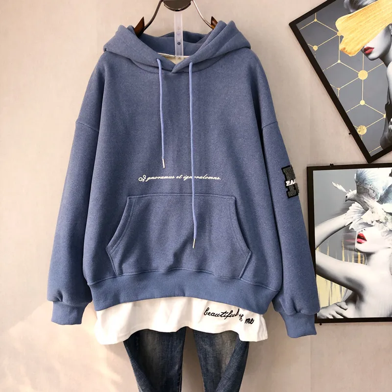 Autumn& Winter New Arrival Plus Velvet Sweatshirt Plus Size Hooded Loose Thick Korean Version Sweatshirt Free Shipping - Color: Blue