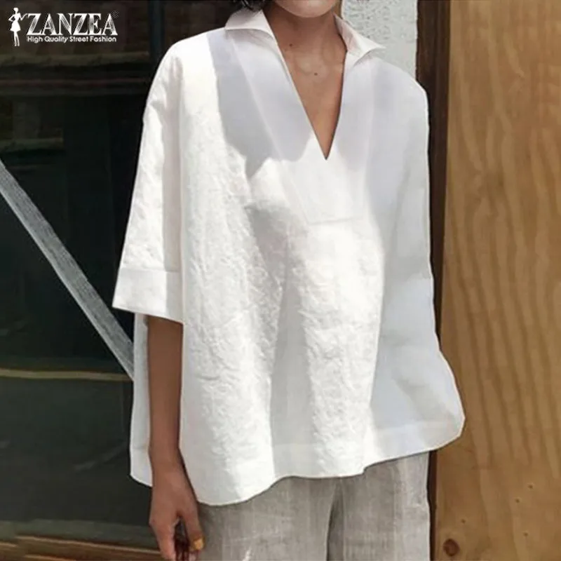 ZANZEA Kaftan Повседневная Туника с v-образным вырезом Женская Летняя Блузка модные рубашки с рукавом 3/4 Женские однотонные блузки для работы плюс размер туника