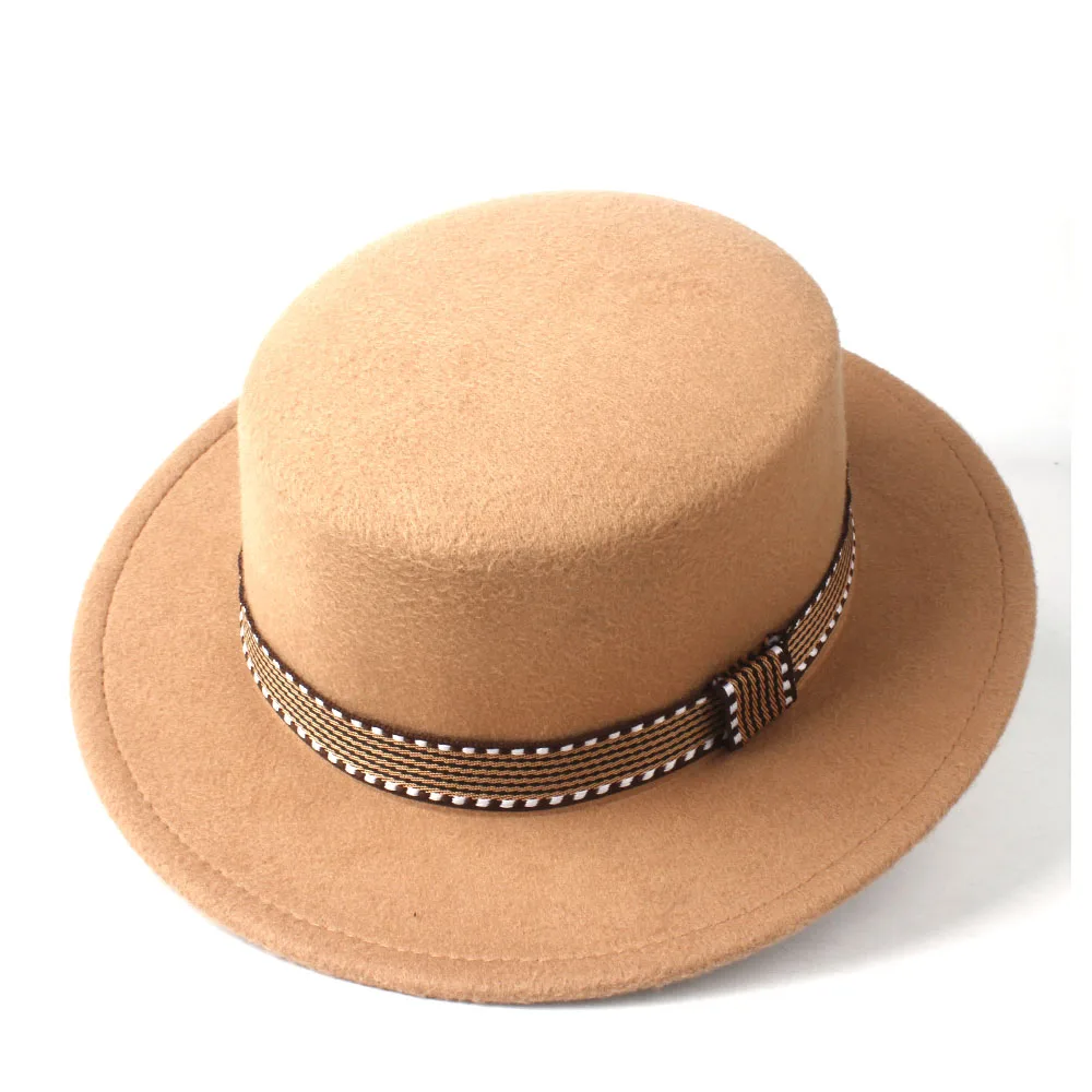 Новая мужская женская модная Плоская Шляпа Fedora с поясом шерсть мягкая фетровая шляпа-пирожок джазовая шляпа размер 56-58 см