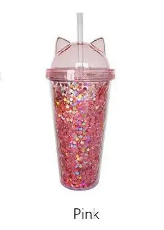 Новая креативная пластиковая свободная вода BPA бутылка с соломинкой Flash Cat Ear двойная бутылка для питья подарок для друга детская посуда для напитков - Цвет: Розовый
