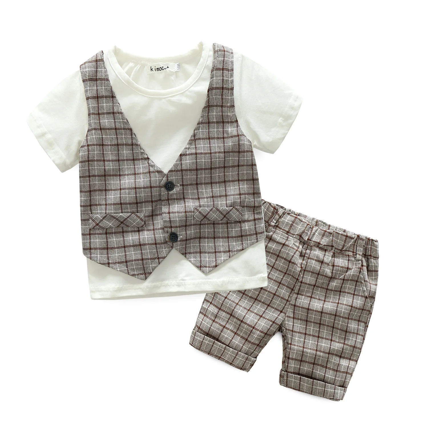 

Spring BOY'S Short Sleeved Vest Fake 2-Piece + Shorts Gentleman Two-Piece Set Big Boy Dress Set