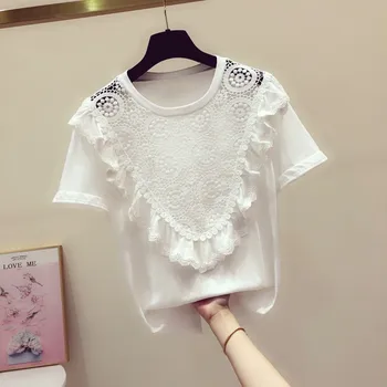 

Women White Lace T Shirt Summer Top New Korean-style Crochet Lace Flounced Short Sleeve Round Collar T-shirt Women's Casual Tops