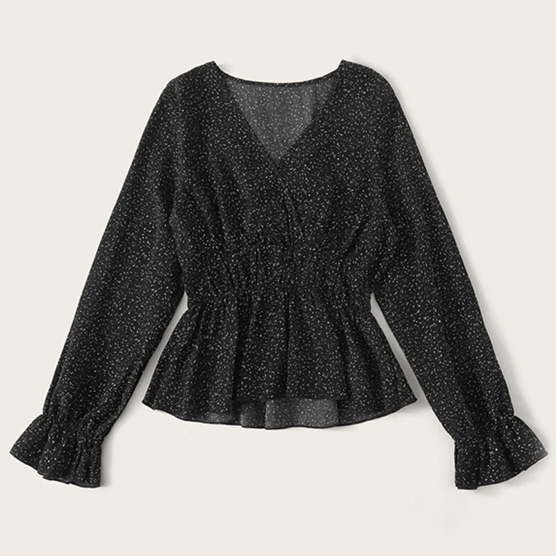 Dotfashion Повседневная шифоновая блузка с воланом и рукавом для женщин, весна, Boho Ruffle, свободные к низу блузки, женский черный топ с v-образным вырезом