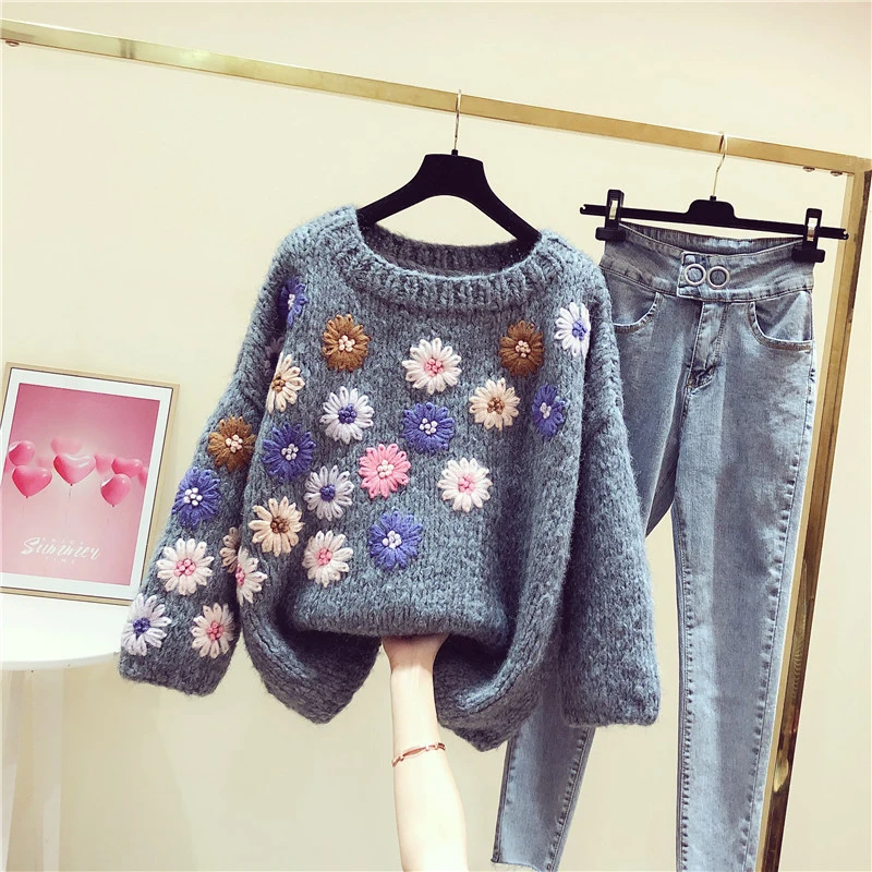 Sweater Women's 2020 Spring Winter Retro Handmade Three-dimensional Flower Lazy Wind Sweater Loose-Fit Sweaters Ladies Jumper