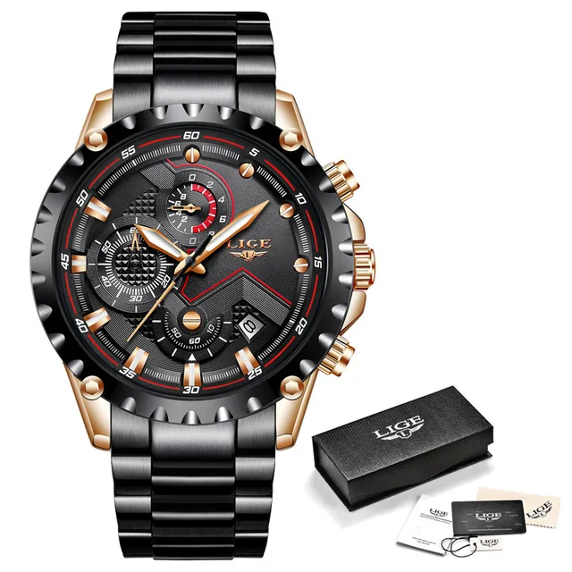 Rose gold black S LIGE, новинка, кварцевые мужские часы, многофункциональные спортивные часы с хронографом, мужские роскошные брендовые наручные часы, мужские часы - Цвет: Rose gold black S