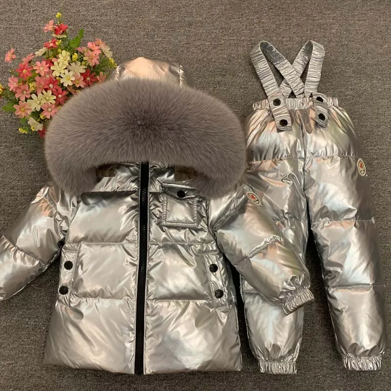 

2019 Kids baby girl boy -30 90 Duck Down suit 2pcs jacket+pants clothes real big Fur Hooded Outerwear child Winter clothing baby